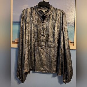 Nwt Ryegrass Icy Blue Metallic Button-Up Blouse Shiny Top Dress Casual XLarge